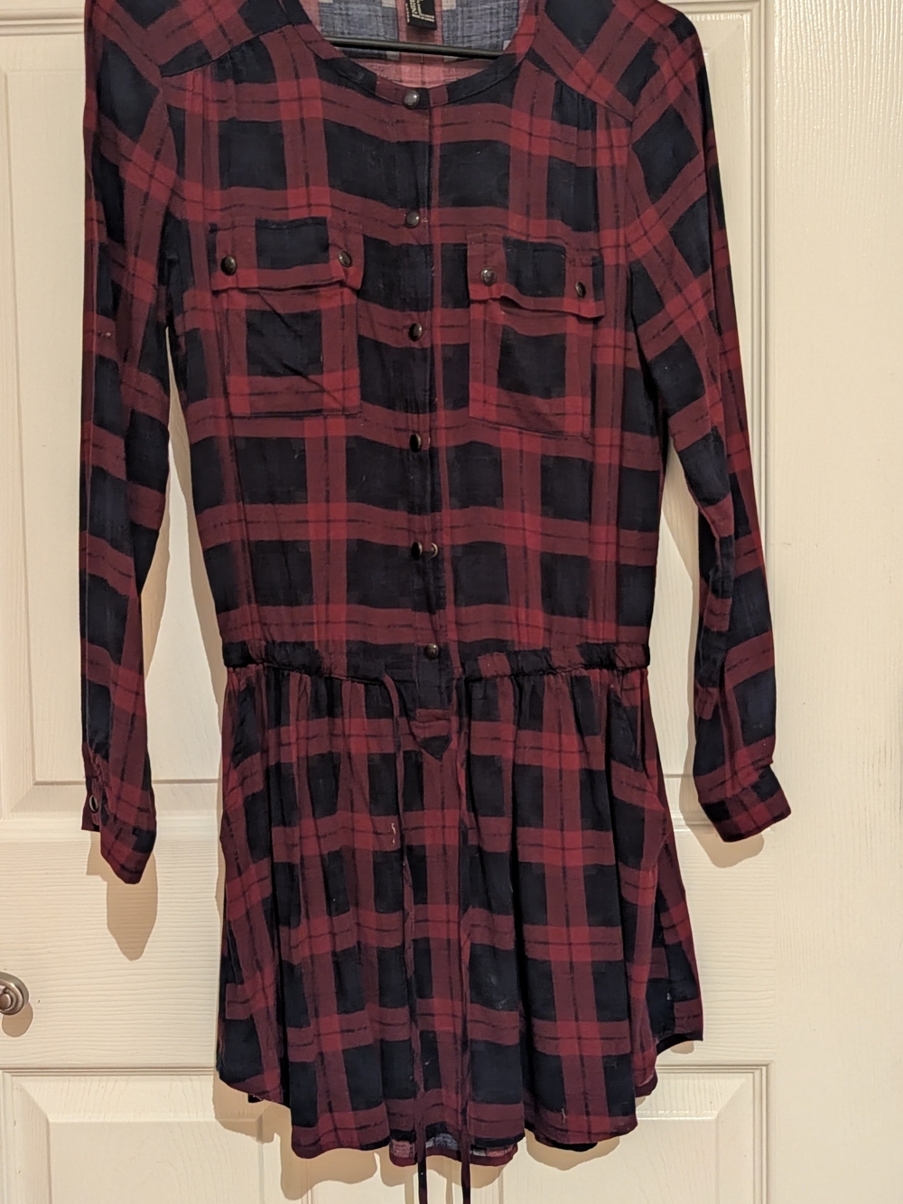 Forever 21 Burgundy and Black Plaid Long Sleeve Shirt Dress